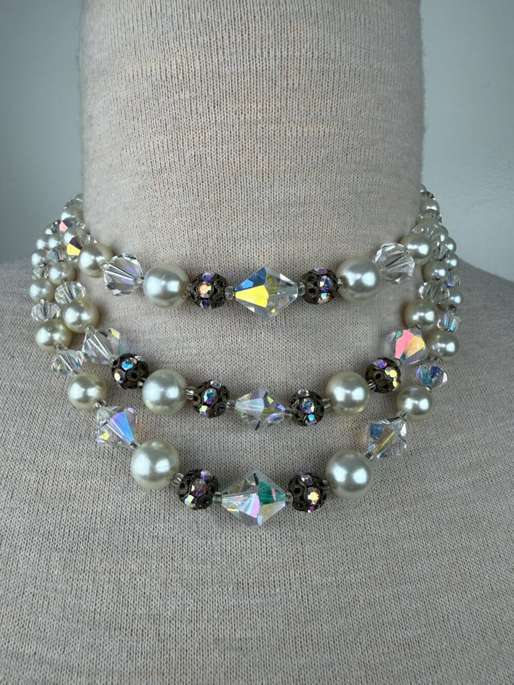 Vintage 3-Strand Aurora Borealis Glass Crystal & Faux Pearl Bead Choker Necklace